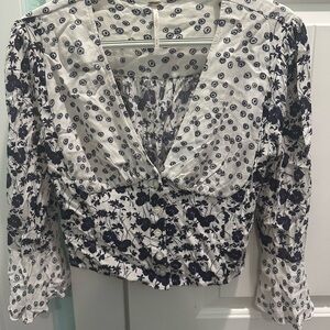 Free People Navy and White Floral Blouse